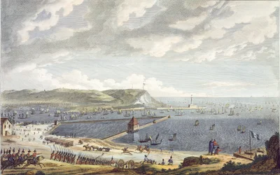 Veduta del Porto e della Rada di Boulogne alla Partenza della Flottiglia, 16 agosto 1803, inciso da Louis Francois Couche